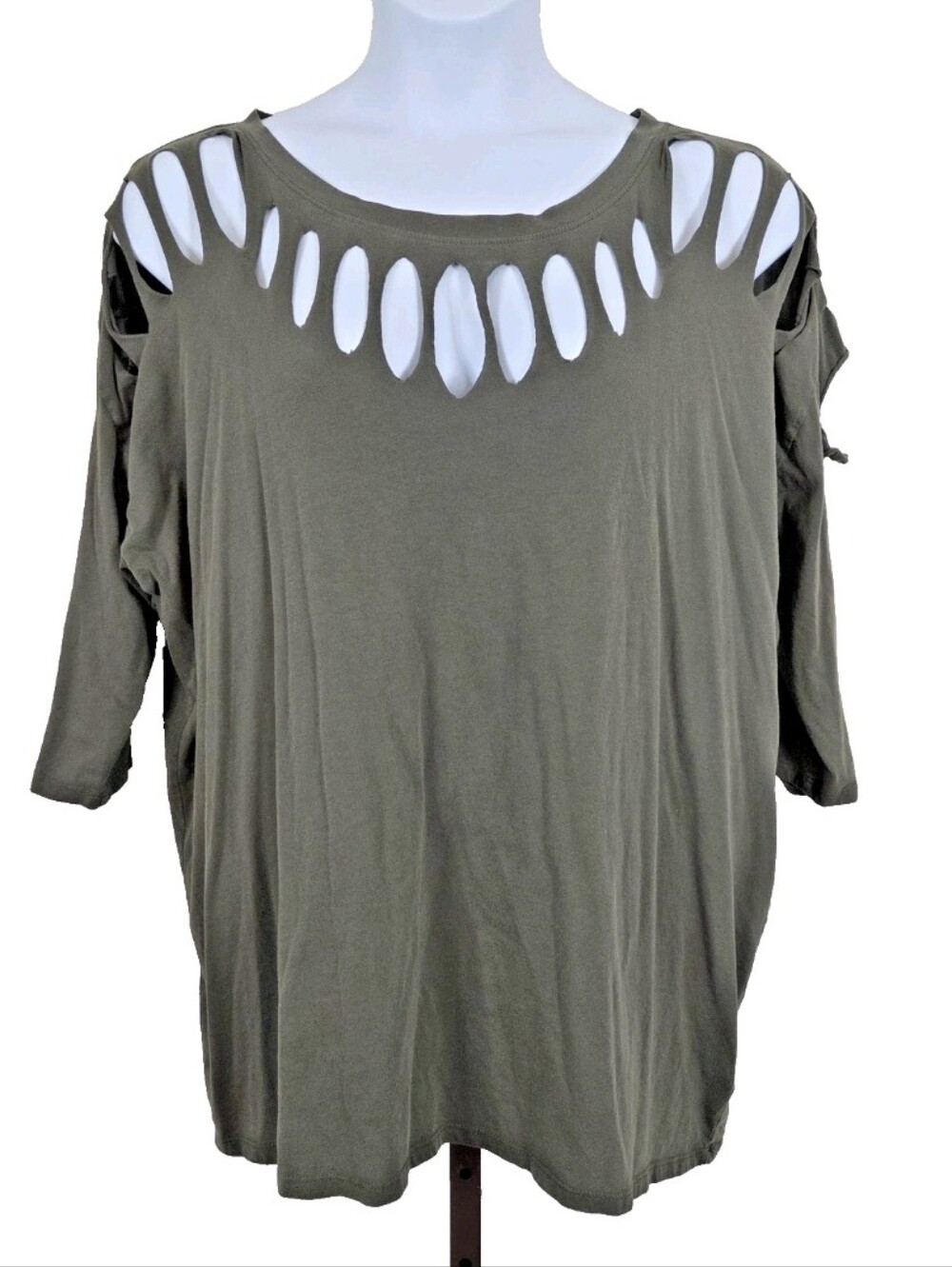 Torrid Women's 2 2X 18/20 Olive Vintage Cotton Jersey Cutout Neck 3/4 Sleeve Tee